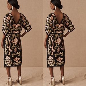 {BHLDN}Black Midi Dress with Pink and Gold Floral Motif